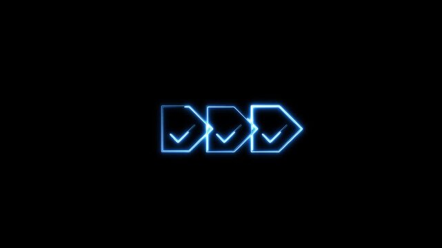 Glowing blue neon process arrow icons with check-marks animation loop on black background, representing work-flow approval, task completion, and success.