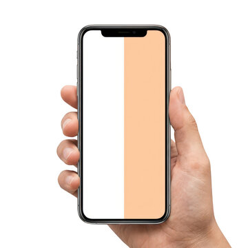 Hand holding a smartphone with a split white and peach color screen isolated on transparent background
