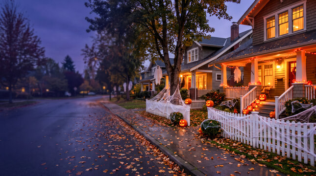 Decorated Halloween Neighborhood Street With Glowing Autumn Porches