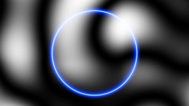 Blue neon light trl circle on black background. Endless circular pattern. Glitter magic spell effect. Light streaks with shimmer. Modern