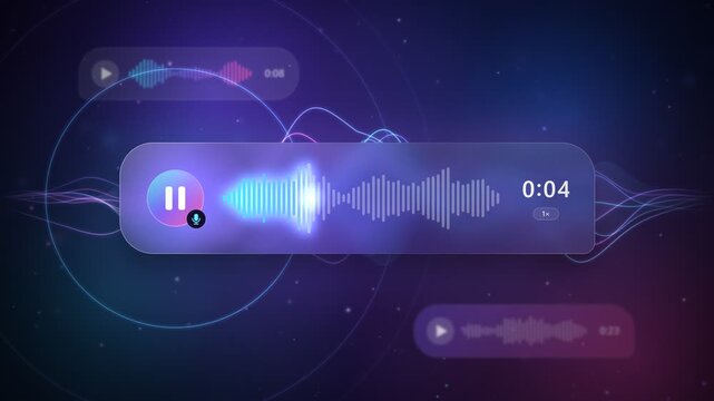 Voice message waveform in glassmorphism chat bubble with audio playback sound wave animation