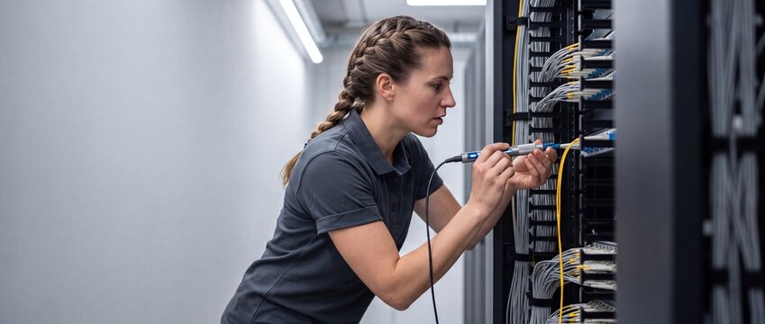 Netzwerktechnikerin pr&uuml;ft Glasfaser-Steckverbinder am Hauptverteiler