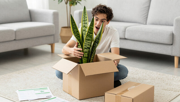 Young Adult Unboxing New Plants from Online Delivery
