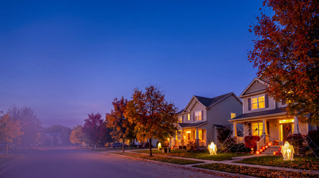 Peaceful Autumn Suburban Homes Along Quiet Street