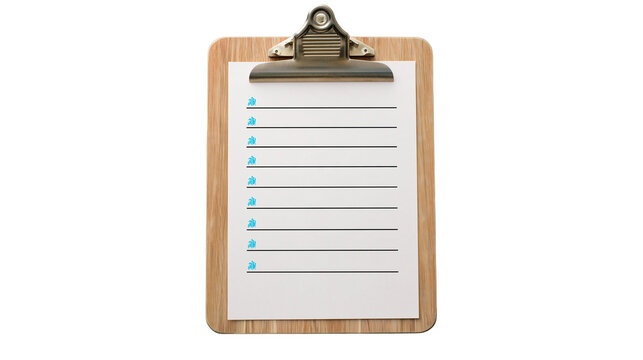 Wooden clipboard with lined paper and metal clip