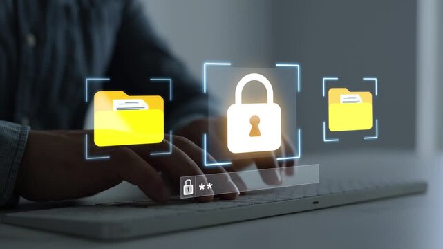 Secure file folder and document data protection system with password authentication. Digital document security system protecting confidential files, sensitive data and important information.