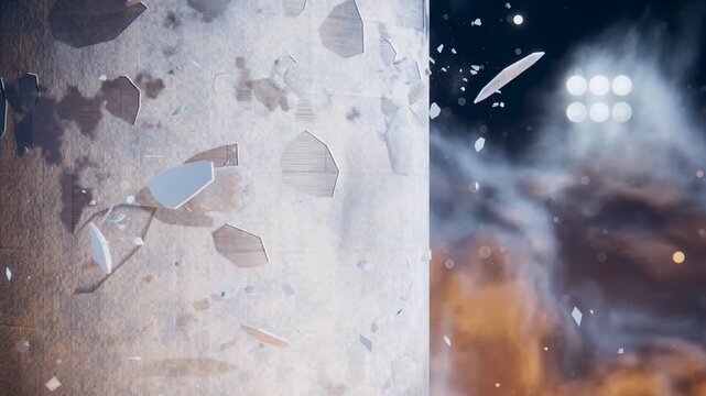 Ice sheets falling from cryogenic rocket at liftoff with slabs of frost peeling off tank