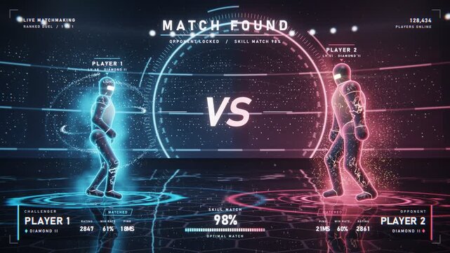 Futuristic esports matchmaking interface with glowing holographic fighter avatars