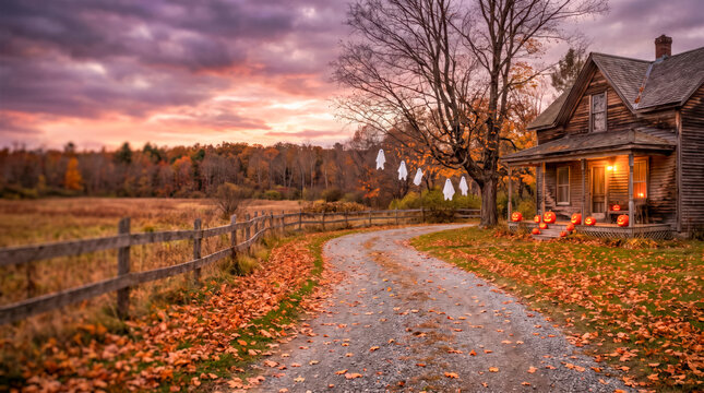 Rustic Autumn Farmhouse Driveway With Colorful Fallen Leaves