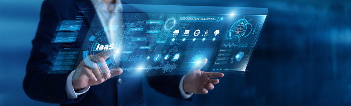 Businessman analyzing IaaS cloud infrastructure and digital screen, virtual server data networking interface. Enterprise storage hosting, scalable network system, computing hardware.