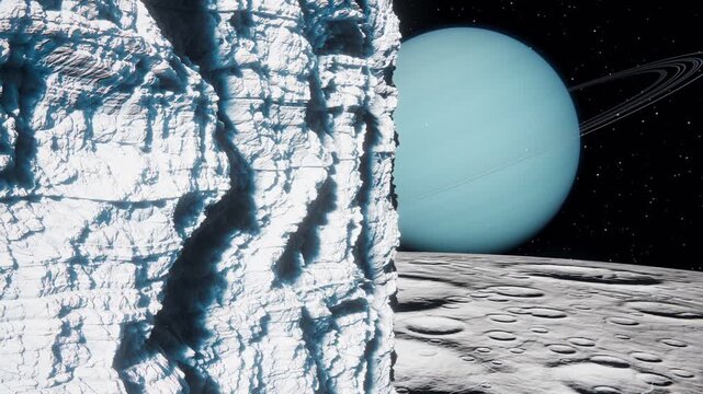 Miranda ice scarp cliff landscape with Uranus planet and craters in background 3D animation