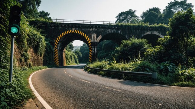 Asphalt road curves through rich green jungle toward stone railway bridge tunnel. Green traffic light signals direction at underpass entrance. Suburban infrastructure connects countryside landscape