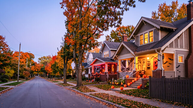Beautiful Suburban Halloween Street With Decorated Autumn Homes