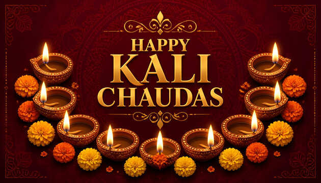 Happy kali chaudas greeting card design with glowing oil lamps and marigold