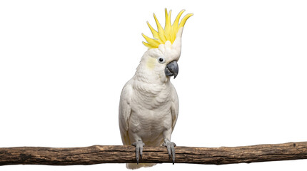 Sulphur Crested White Cockatoo Parrot Perched on Tree Branch with Yellow Crest Exotic Bird Wildlife Portrait png, isolated on a transparent background © aishaa