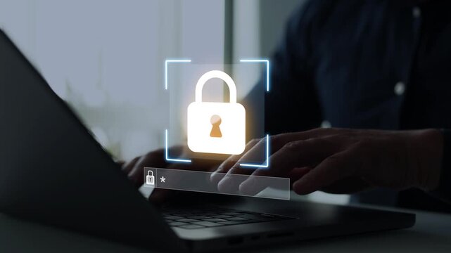 Secure padlock and password protection concept featuring digital security, authentication systems and online data safety.	
