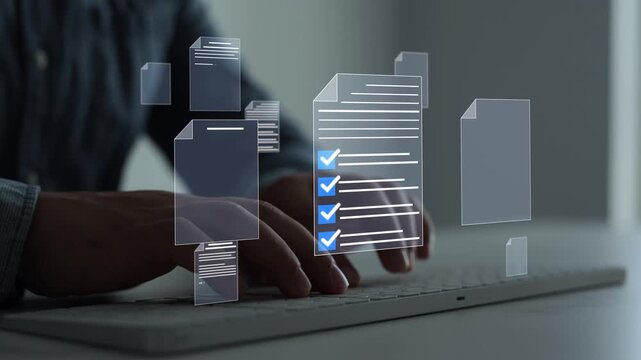 Digital checklist and online survey completion for business management, document processing and productivity. Professional using computer technology to organize tasks and verify information.