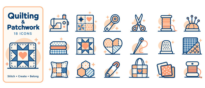 Quilting and patchwork icon set with sewing tools and heart quilt