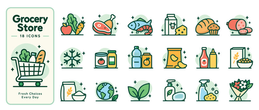 Grocery store icon set with food and shopping cart