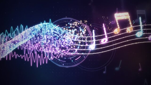 Artificial intelligence music generation abstract audio waveform and glowing musical notes in seamless loop