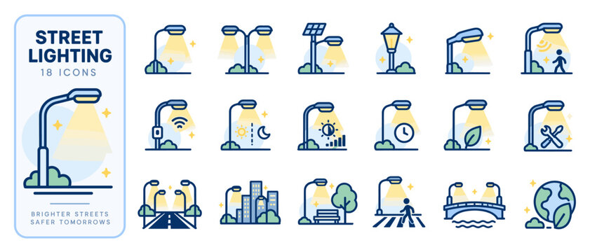 Street lighting icon set with solar and smart city symbols