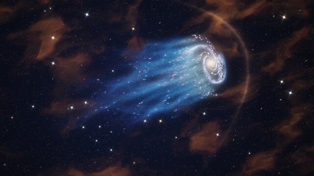 Jellyfish galaxy moving through deep space with glowing nebula and stars
