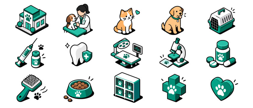 Pet care and veterinary medicine icon set