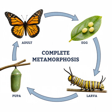 Complete metamorphosis cycle of monarch butterfly with egg larva pupa and adult stages diagram isolated on white background  