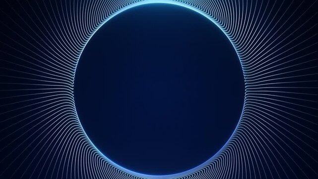 Fine blue radial lines curve around a dark circular center with copy space. Futuristic geometric frame in a smooth loop for titles, logos and presentations.