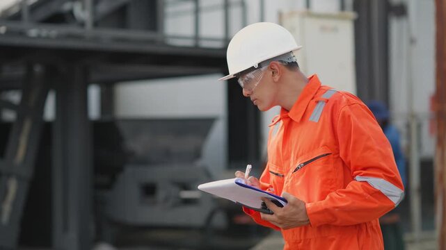 Engineer writes inspection notes on clipboard near industrial electrical transformer equipment, document technical findings, checking facility condition. Power system maintenance, safety assessment.