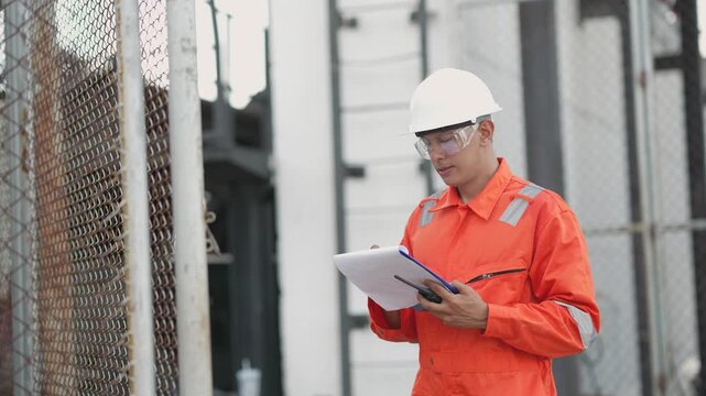 Engineer wearing hard hat reviews technical documents near electrical transformer enclosure, checking equipment condition during facility inspection. Electrical infrastructure, maintenance planning.