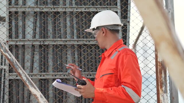 Engineer wearing safety helmet reviews inspection documents beside fenced electrical transformer at industrial facility. Power distribution maintenance, equipment assessment, technical reporting.