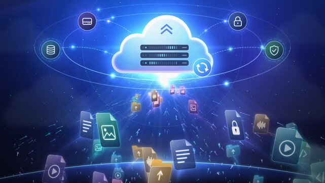 Cloud Computing Data Backup And Synchronization With Flying Document Icons Loop
