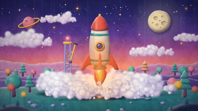 Handmade Plasticine Animation Rocket Launching With Cotton Wool Smoke Seamless Loop