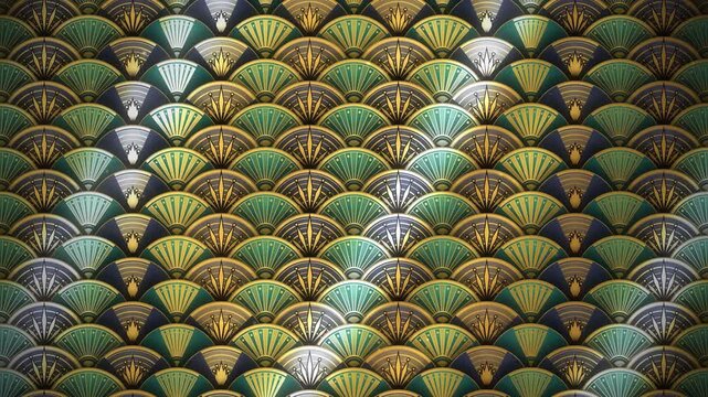 Art Deco Emerald Onyx And Gold Scalloped Fan Pattern Rippling With Metallic Light Sweep Seamless Loop