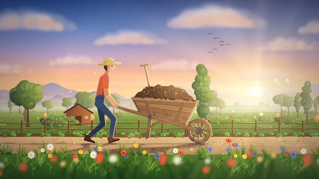 Farmer pushing a wooden wheelbarrow full of soil along a countryside path