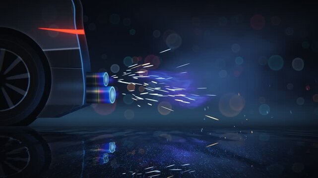 Car Exhaust Pipe Shooting Bright Blue Flames And Sparks Loop