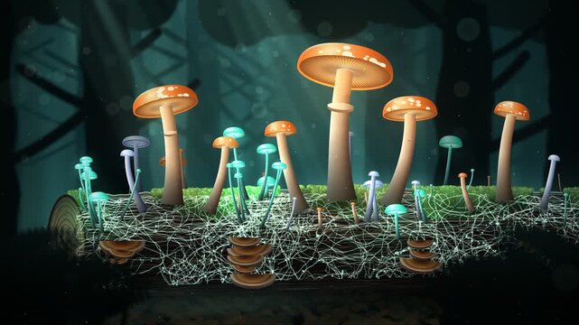 Magical Glowing Mushrooms Spawning and Growing on Log in Dark Forest Loop