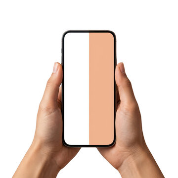 Hands holding a smartphone with a split screen design of white and peach colors isolated on transparent background