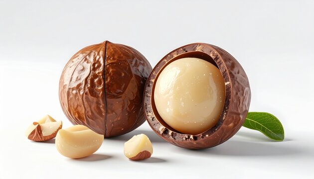 Whole and cracked macadamia nuts with a green leaf
