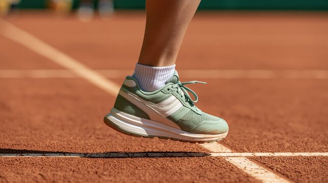 A close-up view of a sage green tennis shoe mid-stride on a professional clay court surface