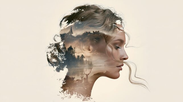 Growth mindset visualized through woman profile merging with serene forest, mountains, lake, and deer in double exposure art