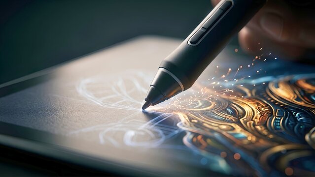 Digital stylus drawing on graphics tablet as sketch transforms into detailed ornate artwork, concept for digital illustration, creative design, AI generated art, and artist workflow