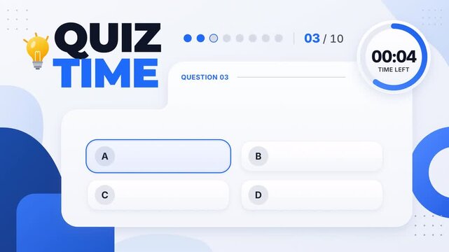 Minimal quiz time question interface animation with question cards, countdown timer and checkmark answer selection on blue background. 4K