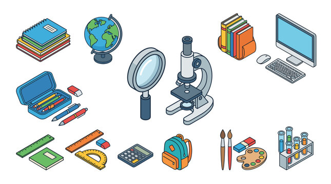 Isometric Vector Icon Set of School Supplies and Science Equipment Featuring Notebooks, Microscope, Globe, Computer, Backpack, Calculator, and Art Tools on White Background.
