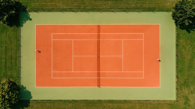Aerial view of a vibrant orange clay tennis court surrounded by lush green grass and tall trees