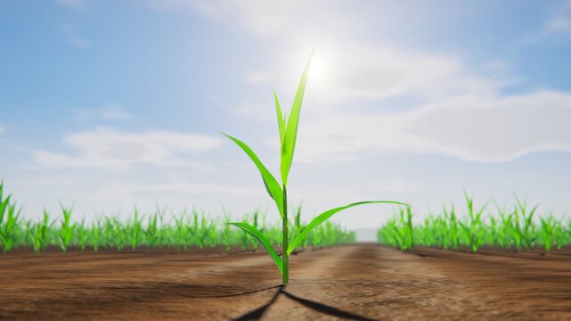 Green Corn Stalk Growing Timelapse in Agricultural Field Under Blue Sky