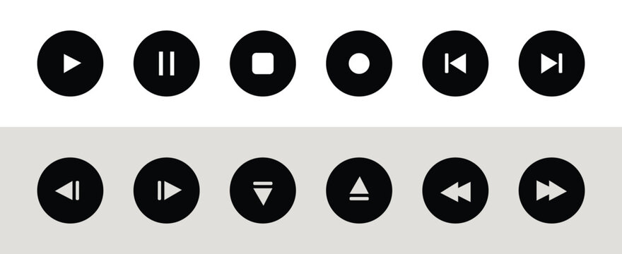 Set of twelve black circular media player control buttons with white icons for play, pause, stop, record, skip, rewind, fast forward, and eject functions on a split background