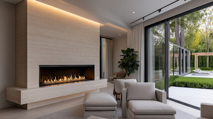 Naklejka premium Modern living room with beige armchairs, large fireplace, floor to ceiling windows, garden view, and natural light create cozy atmosphere