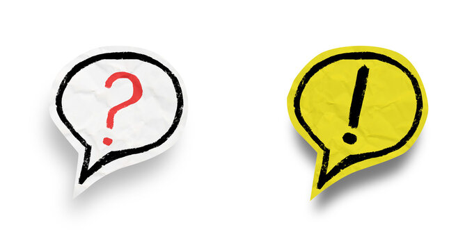 Question bubble and a yellow exclamation bubble set. With paper textured surfaces, rough black outlines, and soft shadows.